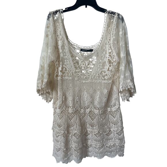 Origami Cream Crochet Laced Loose Knit Tunic Top Women’s Large Boho Lagenlook - Picture 1 of 8